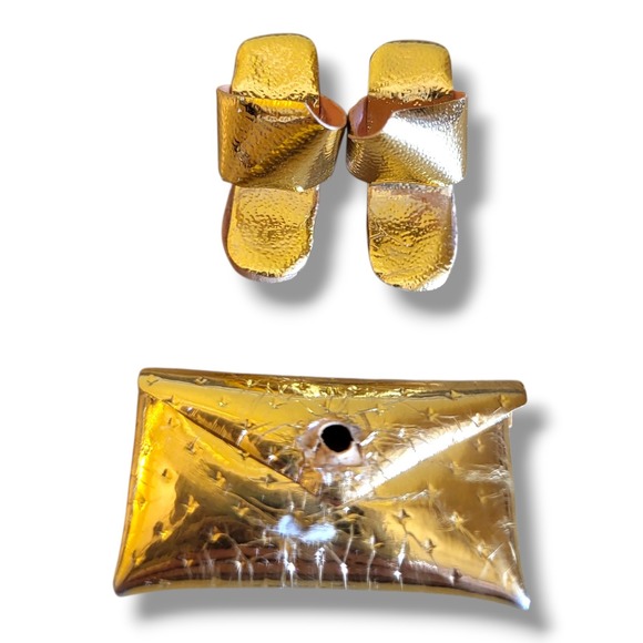 Vtg Barbie Dinner At Eight #946 Mood For Music Gold Cork Wedges Shoes & Clutch - Picture 1 of 11